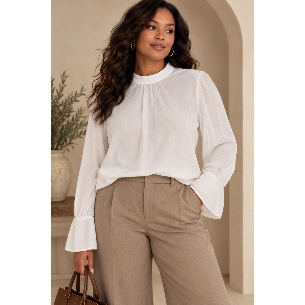 A New Day XXL White Bell Sleeve Blouse Textured Mock Neck Rayon Top